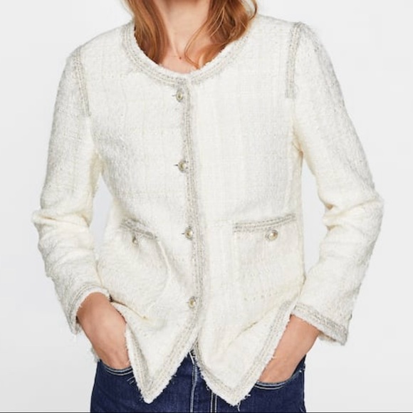 zara tweed jacket white
